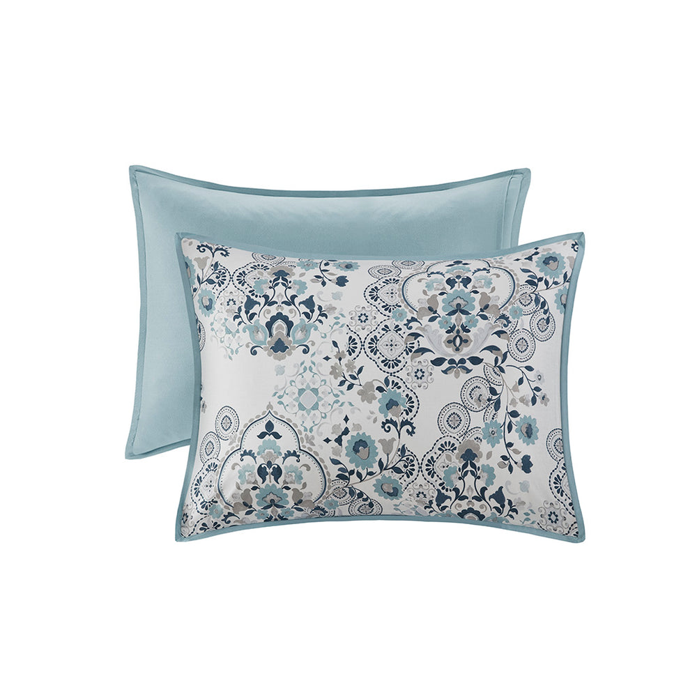 JLA Home Madison Park - 3 Piece Floral Cotton Duvet Cover Set — Breathable Blue, Navy & Taupe Botanical Print, Button Closure, OEKO-TEX MP12-8369