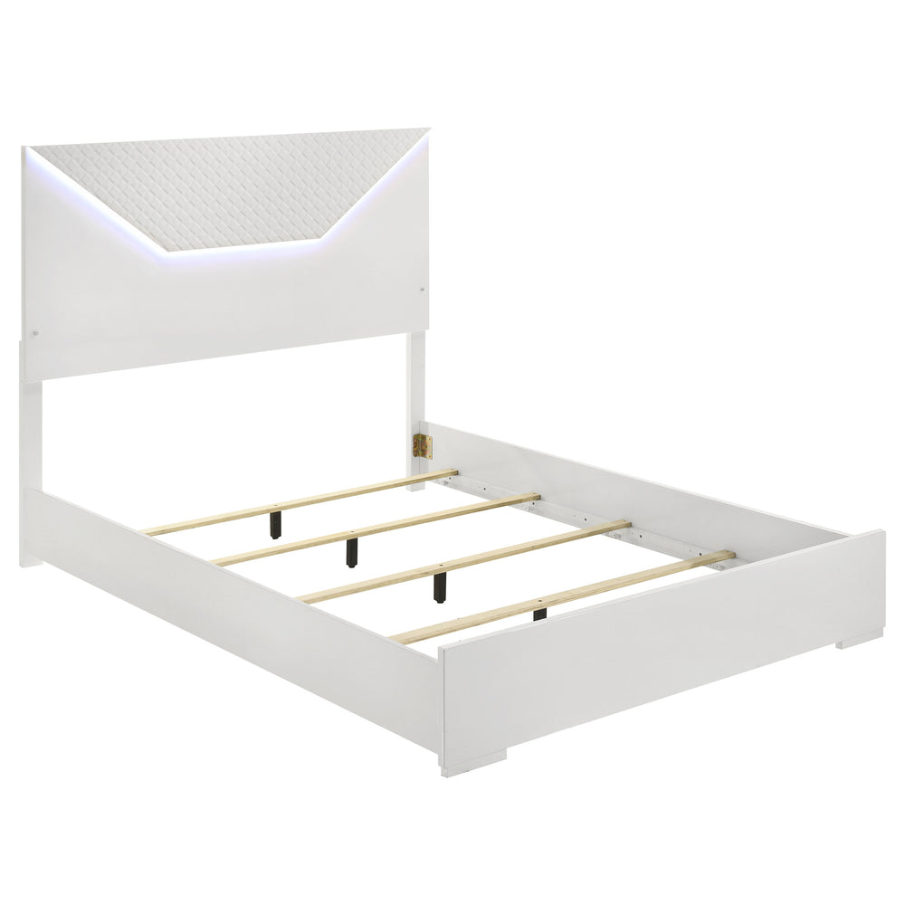 English Elm Pierce Queen Bed White High Gloss LED Headboard Diamond Panel Modern Platform Bed with Halo Lighting B062S01368