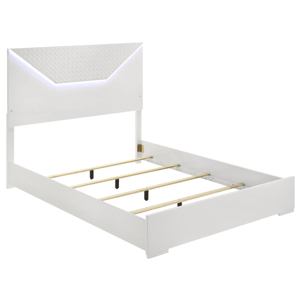 English Elm Pierce Queen Bed White High Gloss LED Headboard Diamond Panel Modern Platform Bed with Halo Lighting B062S01368
