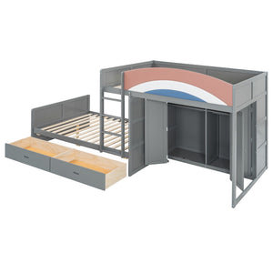 English Elm Full Size Offset Bunk Bed with Wardrobe Hanging Rod Drawers and Upholstered Rail Gray N820S00081E