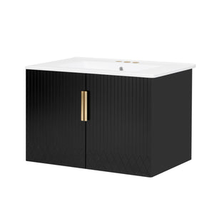 English Elm 30" Vintage Bathroom Vanity with Ceramic Sink — Wall-Mount MDF & Solid Wood Cabinet, Storage, Sleek Finish Black N710P214100B