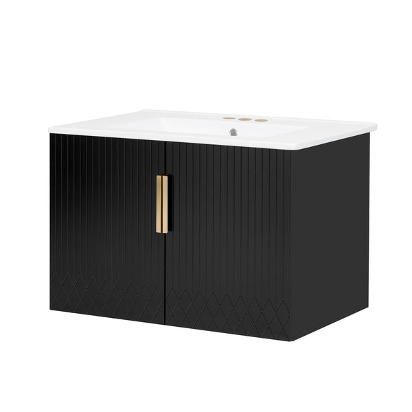 English Elm 30" Vintage Bathroom Vanity with Ceramic Sink — Wall-Mount MDF & Solid Wood Cabinet, Storage, Sleek Finish Black N710P214100B