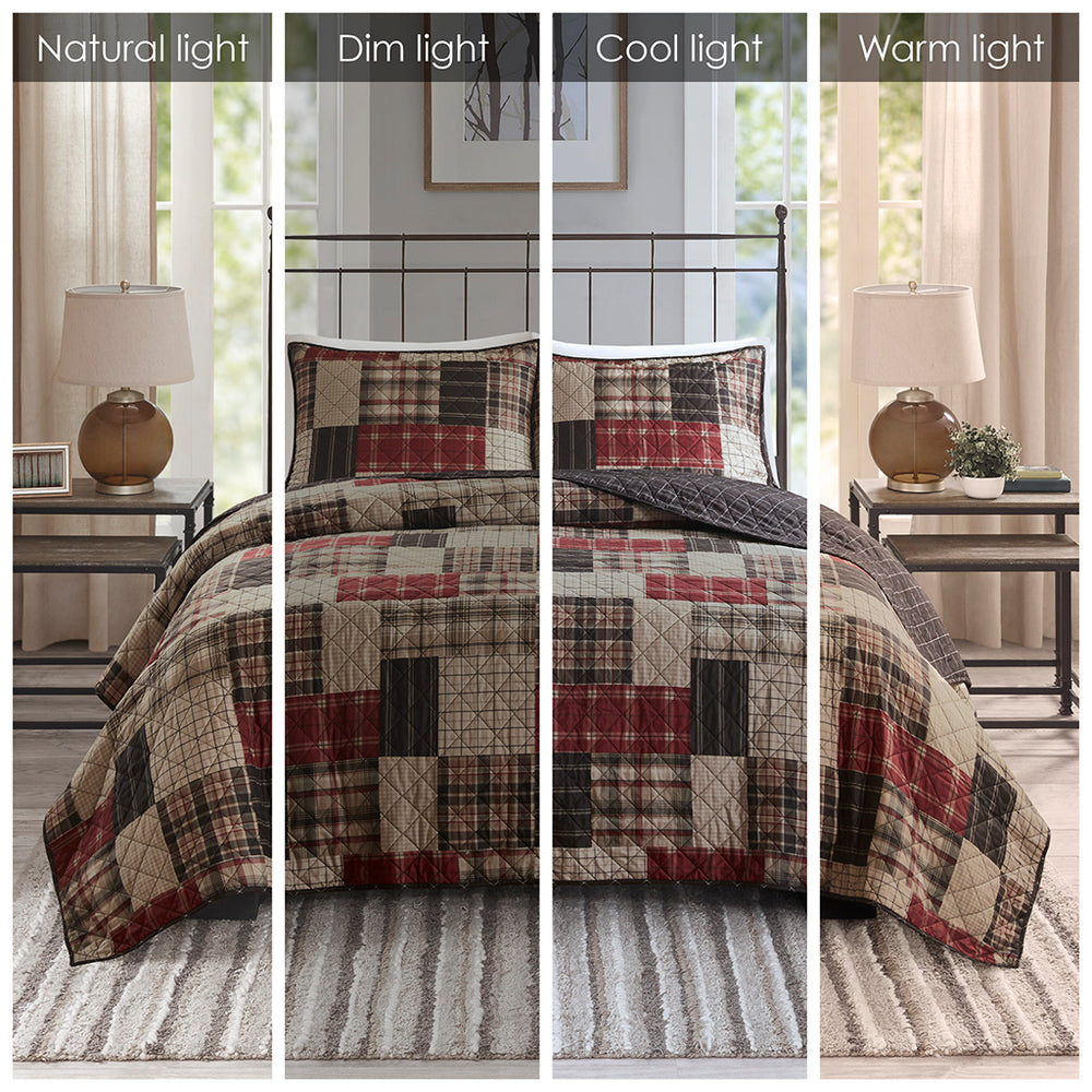 JLA Home Madison Park - 3 Piece Reversible Printed Quilt Set Cabin-Inspired Red & Black Patchwork to Windowpane Reversible Elegance 94 L x 104 W x 0.25H MP13-8471