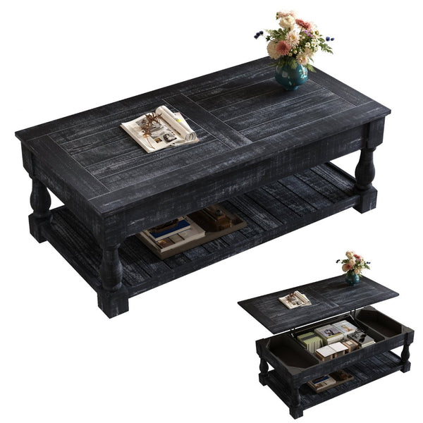 English Elm Farmhouse Lift Top Coffee Table Solid Wood Two Tier Hidden Storage Living Room W1445P412360