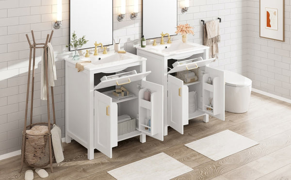 English Elm Modern 48 Inch Freestanding Bathroom Vanity Dual Ceramic Sinks Soft Close Gold Handles White N729P000008K