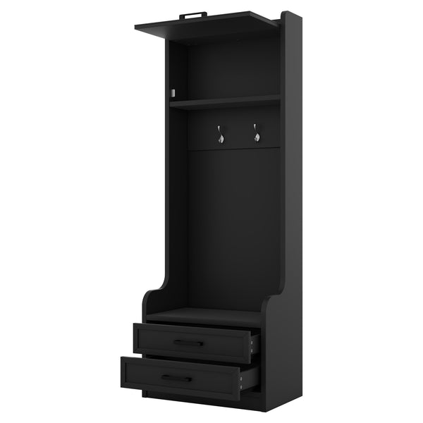 English Elm 4-in-1 Hall Tree with Bench, 7 Hooks, 2 Cabinets & 4 Drawers for Entryway Storage and Seating Black W1580S00089