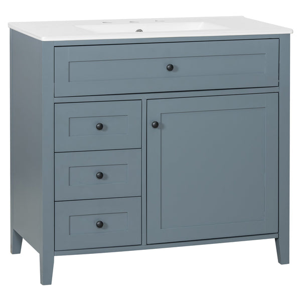 English Elm 36-Inch Blue Gray Modern Bathroom Vanity With Durable Rubberwood Cabinet, Sink & 3 Drawers For Storage N725P350821E