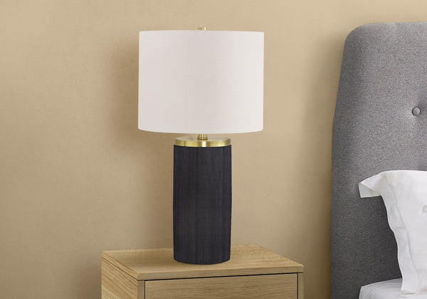 English Elm Lighting, Sleek 24" Table Lamp with Ribbed Black Concrete Base, Gold Accents & Ivory Linen Drum Shade — Modern Ambiance, 3-Way B2710P220126
