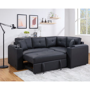 English Elm PVC Sleeper Sectional with USB Ports, Cupholders & Hidden Storage Arms – Convertible Black Sofa Bed B016S00052