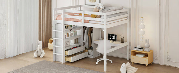 English Elm Wood Full Loft Bed with Integrated Wardrobe Desk Shelving and Drawers for Teen Rooms White GX000466AAK-1