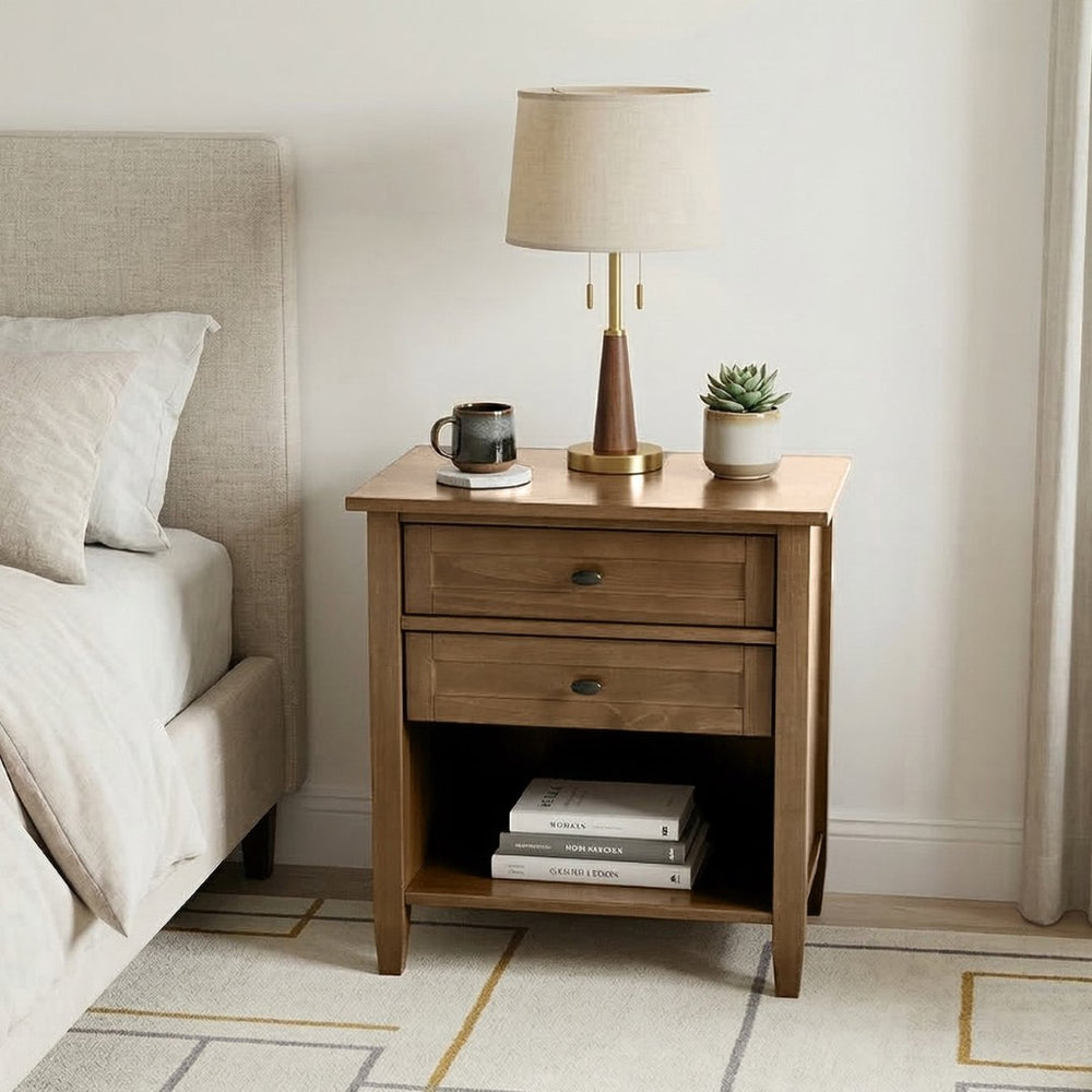 English Elm Warm Shaker Pine Nightstand with Two Drawers and Open Shelf for Farmhouse Bedrooms B136P420751