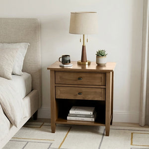 English Elm Warm Shaker Pine Nightstand with Two Drawers and Open Shelf for Farmhouse Bedrooms B136P420751