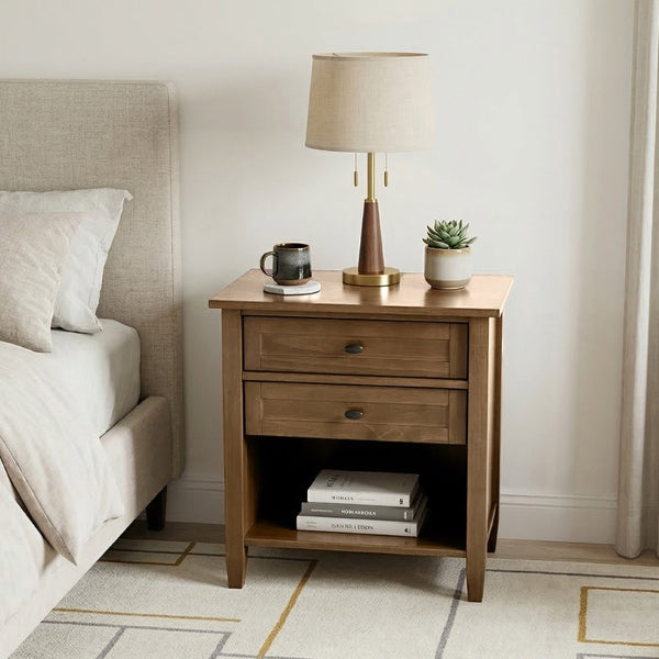 English Elm Warm Shaker Pine Nightstand with Two Drawers and Open Shelf for Farmhouse Bedrooms B136P420751