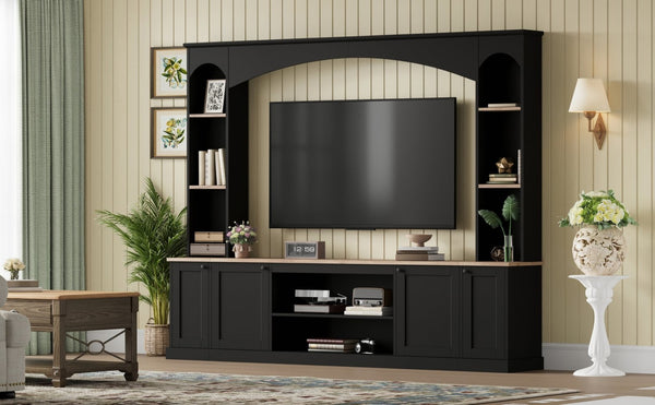 English Elm Arched Farmhouse Entertainment Center with Open Shelving for Living Room Black N721S000063B