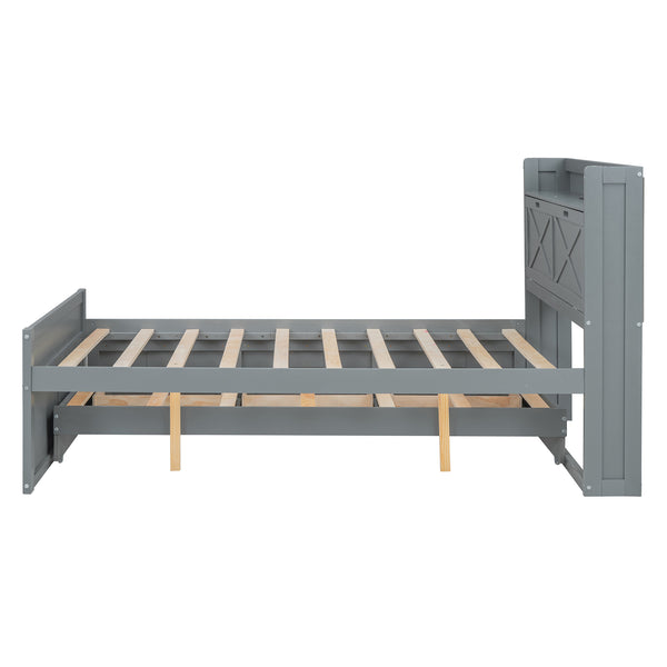 English Elm Full Full Size Wooden Bed with Storage Headboard, Built-In Outlets, Trundle & 3 Drawers for Space-Saving Bedrooms Gray 80.51 L x 17.12 W x 4.57 H N733S172712E