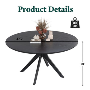 English Elm 47" Round Wood Dining Table Seats Six with Industrial Metal Base for Modern Homes Black T3623P437345
