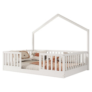 English Elm Twin Montessori Floor Bed House Frame with Led Lighting and Safety Rails for Kids White W2593P440604