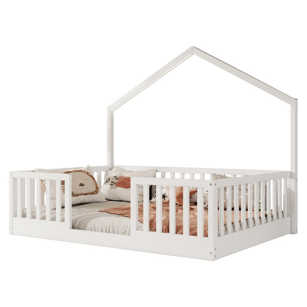 English Elm Twin Montessori Floor Bed House Frame with Led Lighting and Safety Rails for Kids White W2593P440604