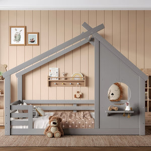 English Elm Full House Floor Bed with Roof Window and Shelf – Solid Pine Kids Loft-Style Low Bed, Durable Design Grey W1580P362698