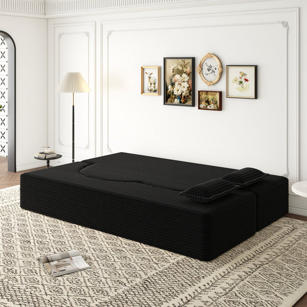 English Elm Modern Full Size Folding Sofa Bed with Plush Corduroy, 2 Pillows, 15" Foam Mattress, No Assembly Required Black W1885P347089