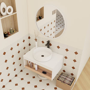 English Elm 30" Floating Wall Mount Bathroom Vanity Open Shelf Ceramic Vessel Sink Modern White W3450S00056