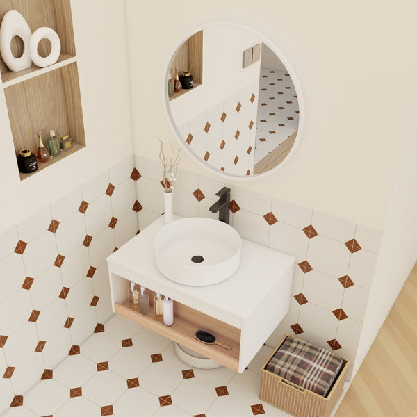 English Elm 30" Floating Wall Mount Bathroom Vanity Open Shelf Ceramic Vessel Sink Modern White W3450S00056