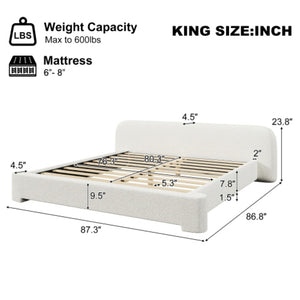 English Elm [cozy White Boucle Platform Bed Low Profile Frame for Modern Bedroom Decor N769P365687A
