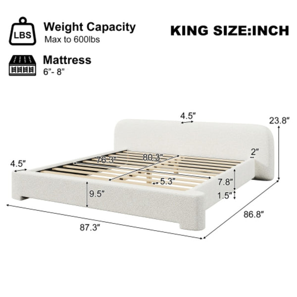 English Elm [cozy White Boucle Platform Bed Low Profile Frame for Modern Bedroom Decor N769P365687A