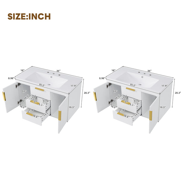English Elm 72'' Wall Mounted Bathroom Vanity with 4 Drawers & Double Cabinets, Waterproof MDF, Smooth Slide Rails White N710SS00009K