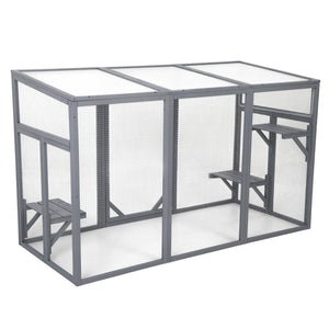English Elm Outdoor Cedar Cat Enclosure with Polycarbonate Roof Three Platforms and Galvanized Mesh Run W2181P356206