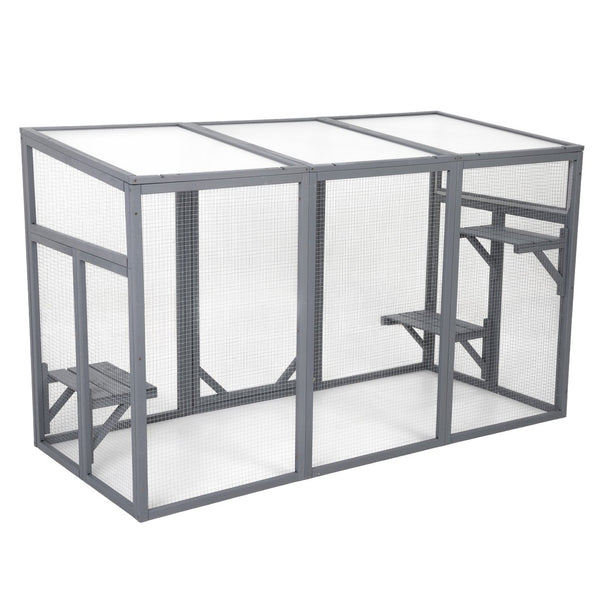 English Elm Outdoor Cedar Cat Enclosure with Polycarbonate Roof Three Platforms and Galvanized Mesh Run W2181P356206