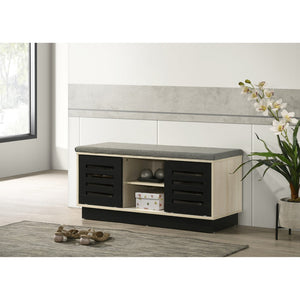 English Elm 38.5"w Oak Entryway Shoe Cabinet Sliding Doors Upholstered Bench Seat Storage B016P416189