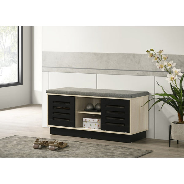 English Elm 38.5"w Oak Entryway Shoe Cabinet Sliding Doors Upholstered Bench Seat Storage B016P416189