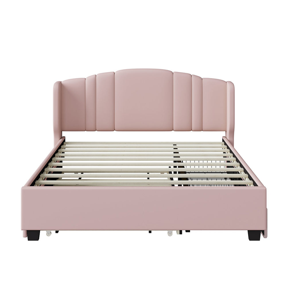 English Elm Upholstered Platform Bed with Wingback Headboard, Twin Trundle & 2 Storage Drawers, Linen Queen Frame Pink 83 L x 9.5 W x 8.75 H N733S208132H