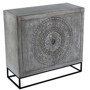 English Elm Zera Handcrafted 39" Accent Cabinet – Sandblasted Gray Mango Wood, Medallion Doors, Iron Stand B056P390833