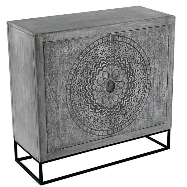 English Elm Zera Handcrafted 39" Accent Cabinet – Sandblasted Gray Mango Wood, Medallion Doors, Iron Stand B056P390833