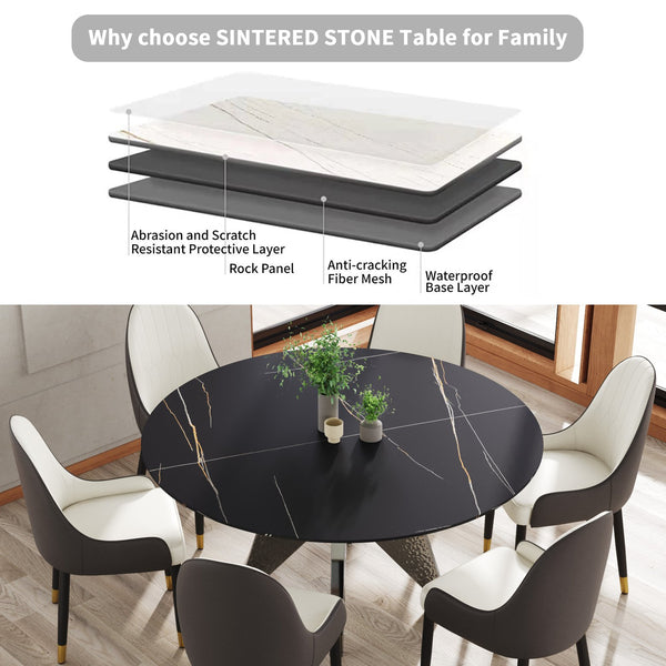 English Elm 59.05" Round Marble Dining Table - Stylish Silver Stainless Steel Base For 6-8 People, Durable Design W1535S00391