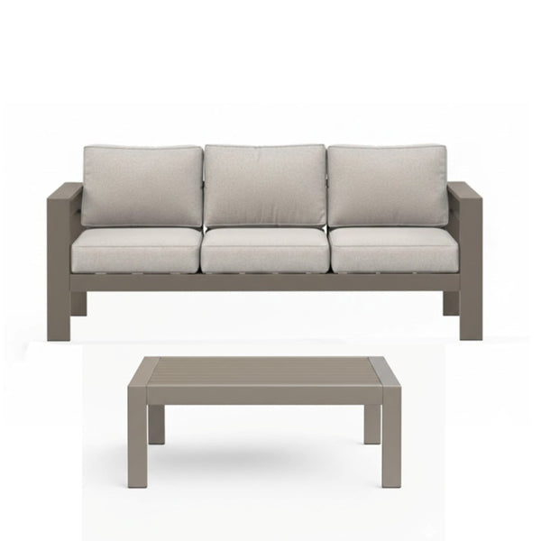 English Elm 2 Piece Outdoor Iron Patio Sofa Set with Thick Cushions and Wood Grain Coffee Table Light Khaki+Beige B082P455115