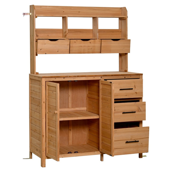 English Elm (with Hutch) Topamx Solid Fir Potting Bench Patio Workstation Spice Rack Drawer Natural Wood N717P404331A