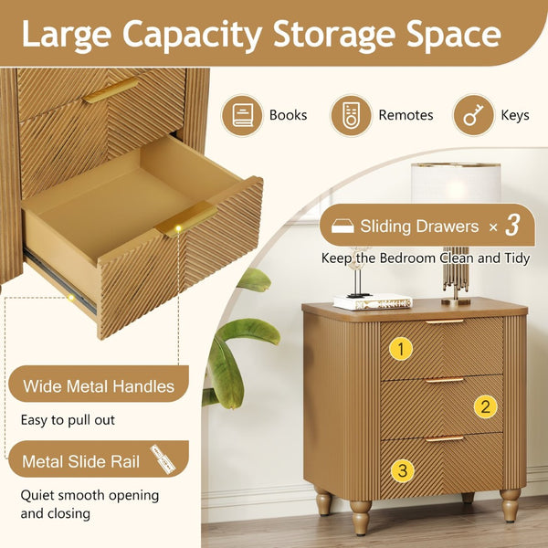 English Elm Mid-century Fluted 3 Drawer Nightstand with Gourd Legs and Gold Tone Handles for Bedroom Natural N761P285712N