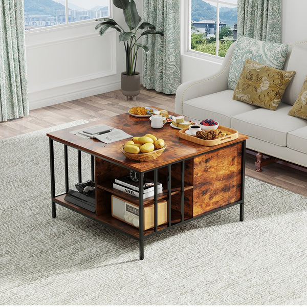 English Elm Farmhouse Lift Top Coffee Table with Hidden Compartment & 3 Shelves, Adjustable 20.3–25.6" Height W2735P332168