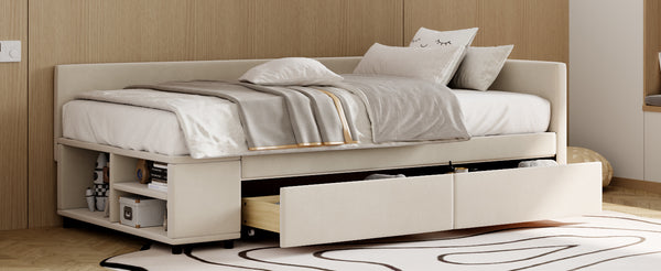 English Elm Twin Velvet L-Shaped Upholstered Platform Bed with Plush Headboard, Hidden Drawers & Cabinet Storage Beige SF000182AAA