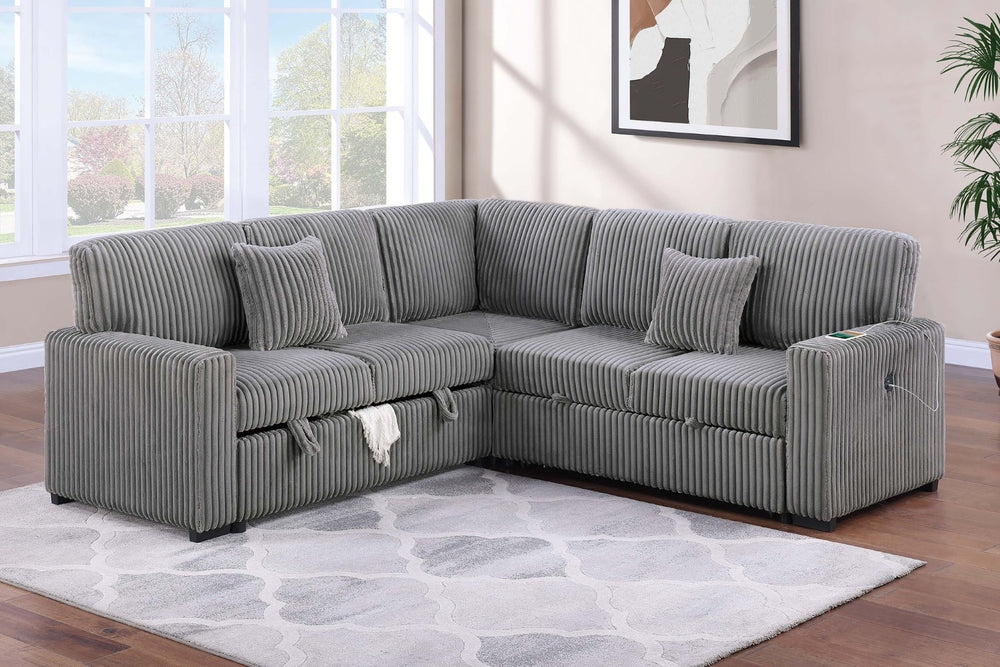 English Elm Modern Corduroy Three Piece Sectional Sofa with Storage Pull Out Bed and Usb Charging B011S02171