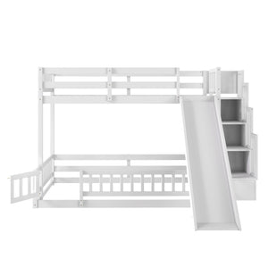 English Elm Twin Over Full Bunk Bed Solid Pine Frame with Built-in Slide and Storage Staircase White W504S00290