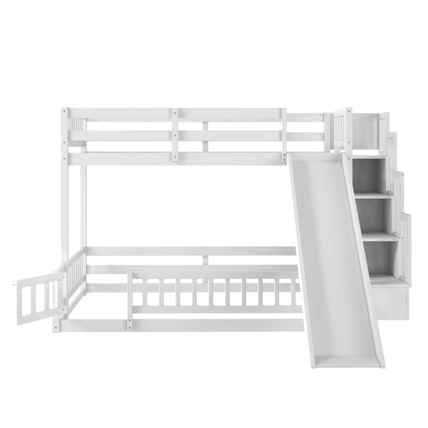 English Elm Twin Over Full Bunk Bed Solid Pine Frame with Built-in Slide and Storage Staircase White W504S00290