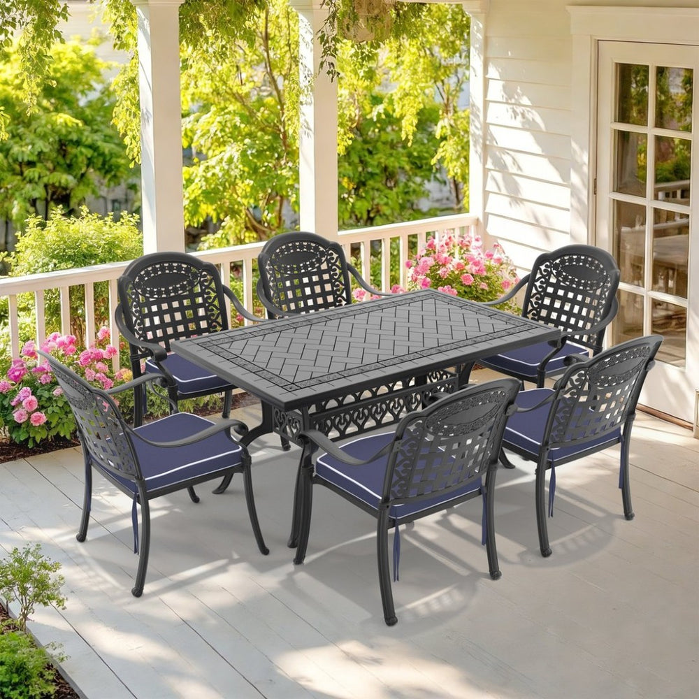 English Elm 7-piece Cast Aluminum Outdoor Dining Set with Ornate Relief Patterned Chairs and Table W1710S00640