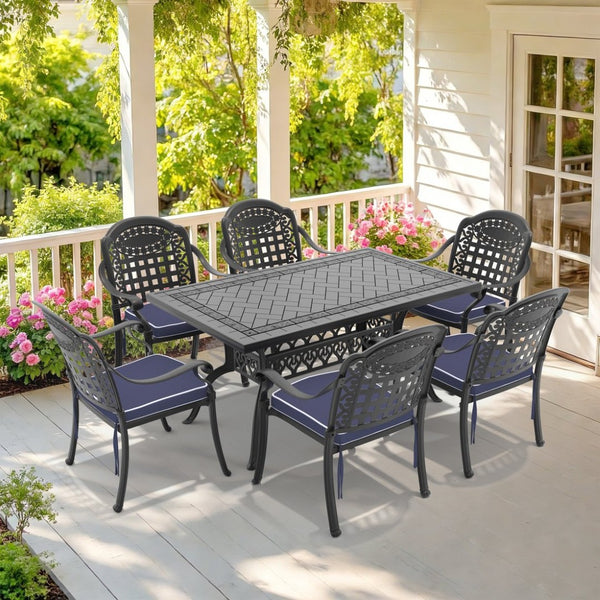 English Elm 7-piece Cast Aluminum Outdoor Dining Set with Ornate Relief Patterned Chairs and Table W1710S00640