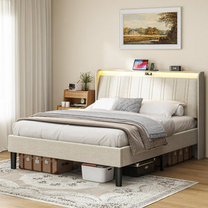English Elm Queen Platform Bed Upholstered Headboard Wooden Slats Usb Charging Ports Bedroom W2889P272596