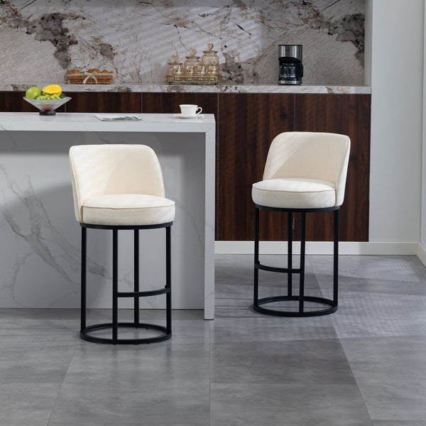English Elm Counter Height Barstools Set of 2 Linen Upholstered Barrel Seat with Iron Legs Beige W395P410430