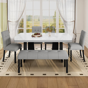 English Elm 6 Piece Dining Set with Rectangular Solid Wood Table, Upholstered Chairs & Bench, Rustic Charm, Easy Assembly, Seats 6 Gray,White N752S000011E